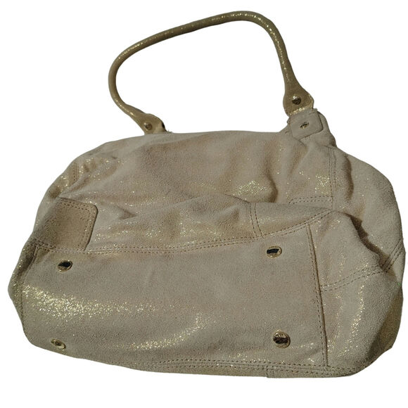 Suede Leather Metallic Cream Gold Speckled Calvin Klein Shoulder Bag Top Handle - Picture 3 of 10